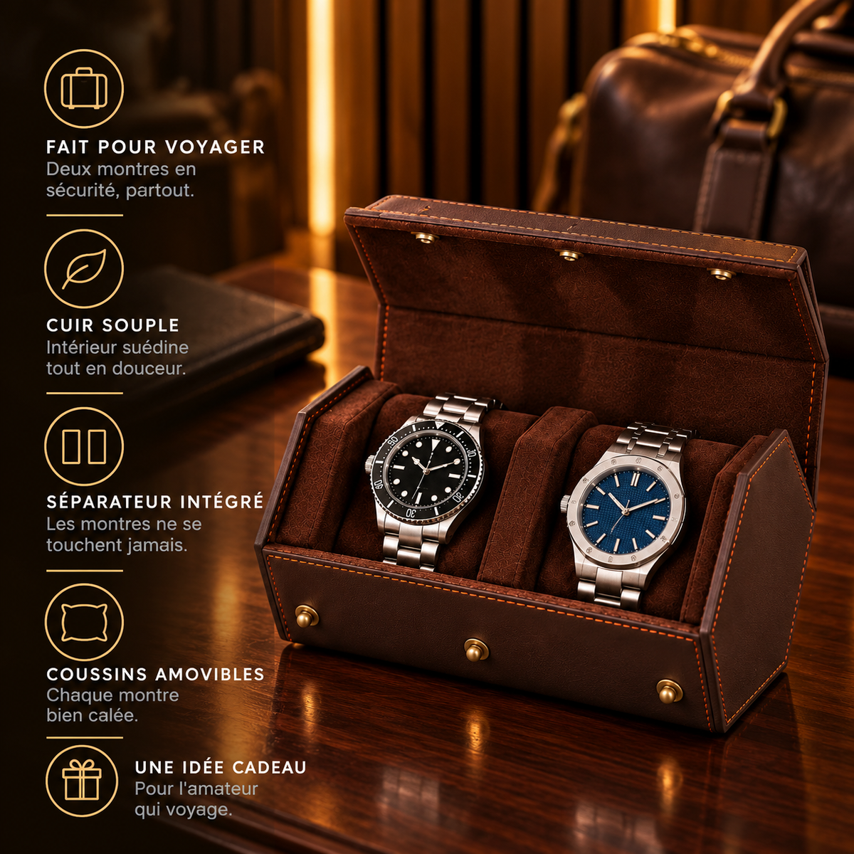 Étui de voyage 2 montres en cuir – caractéristiques : intérieur suédine, séparateur intégré, coussins amovibles – Complications Paris