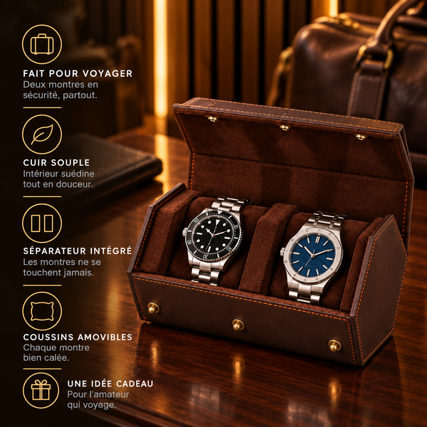 Étui de voyage 2 montres en cuir – caractéristiques : intérieur suédine, séparateur intégré, coussins amovibles – Complications Paris