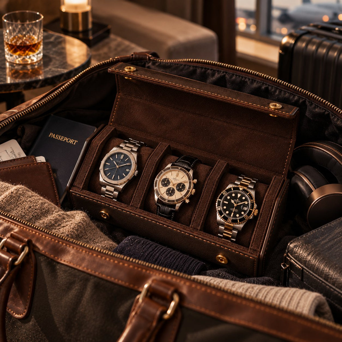 Étui de voyage 3 montres en cuir ouvert dans un sac de voyage, passeport et casque audio – Complications Paris