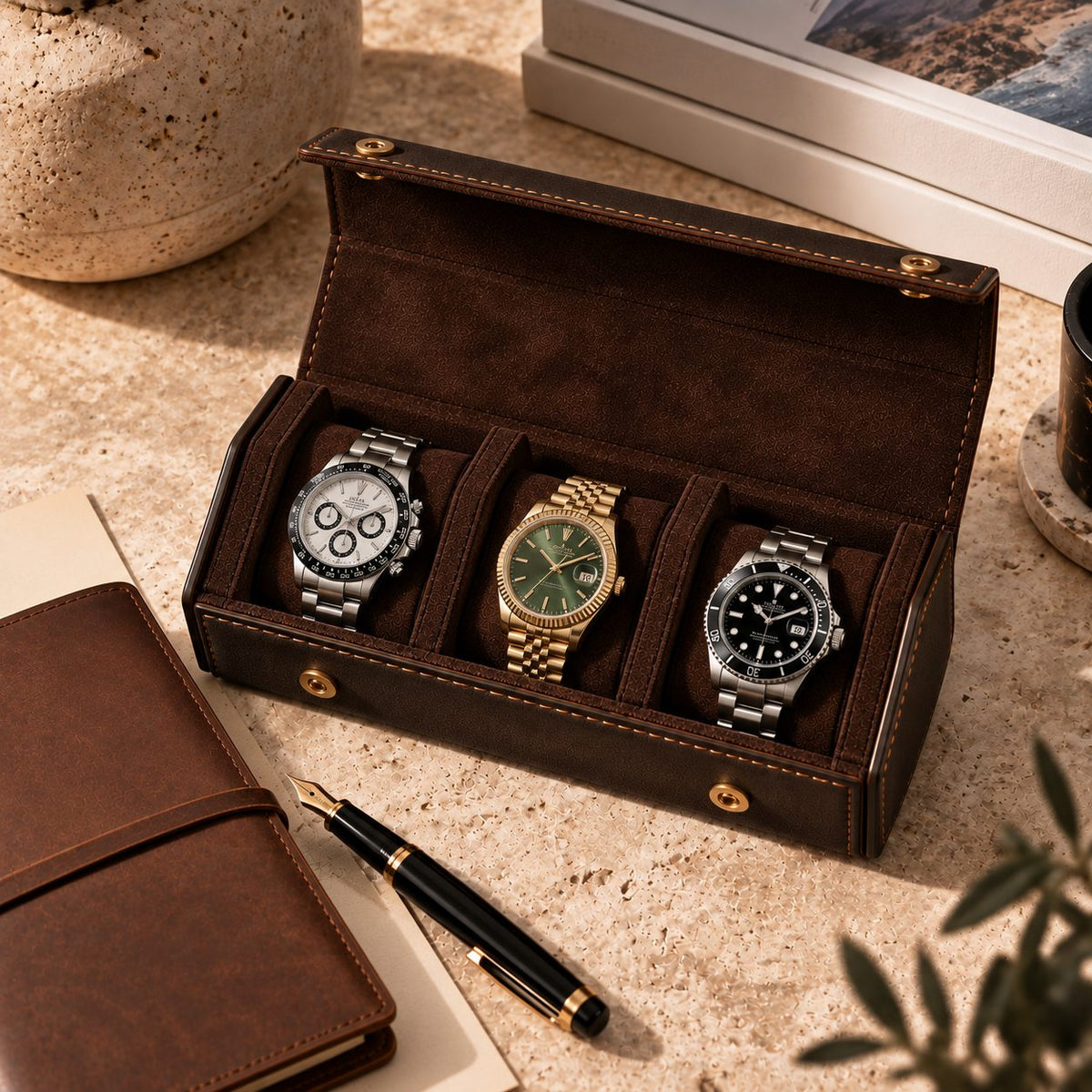 Étui de voyage 3 montres en cuir ouvert sur une table en travertin, carnet et stylo plume – Complications Paris