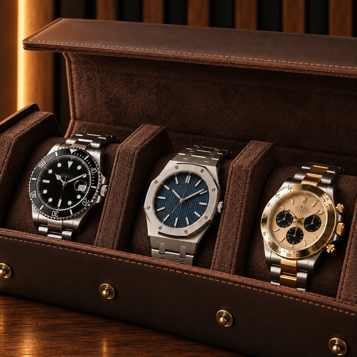Étui de voyage 3 montres, gros plan sur le cuir, les surpiqûres et les coussins suédine – Complications Paris