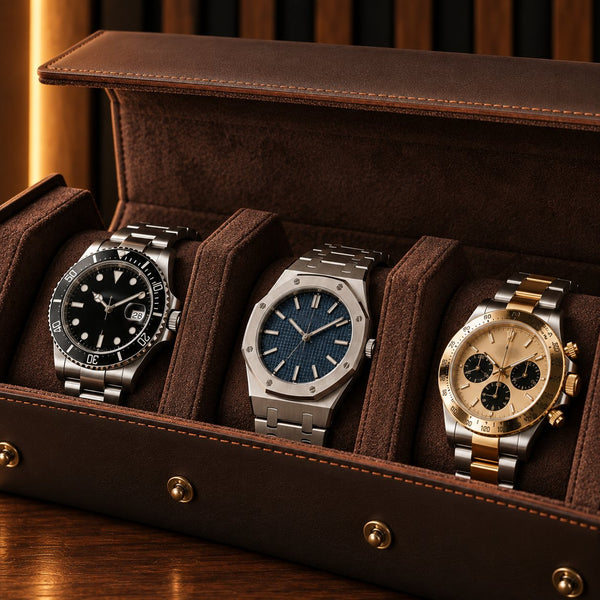 Étui de voyage 3 montres, gros plan sur le cuir, les surpiqûres et les coussins suédine – Complications Paris