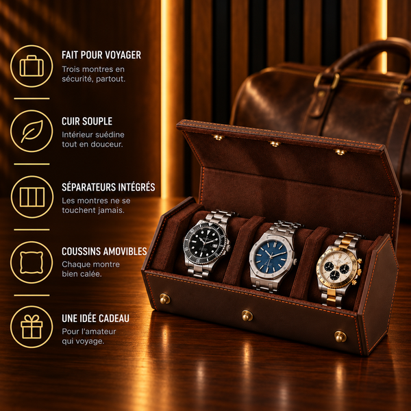 Étui de voyage 3 montres en cuir – caractéristiques : intérieur suédine, séparateurs intégrés, coussins amovibles – Complications Paris