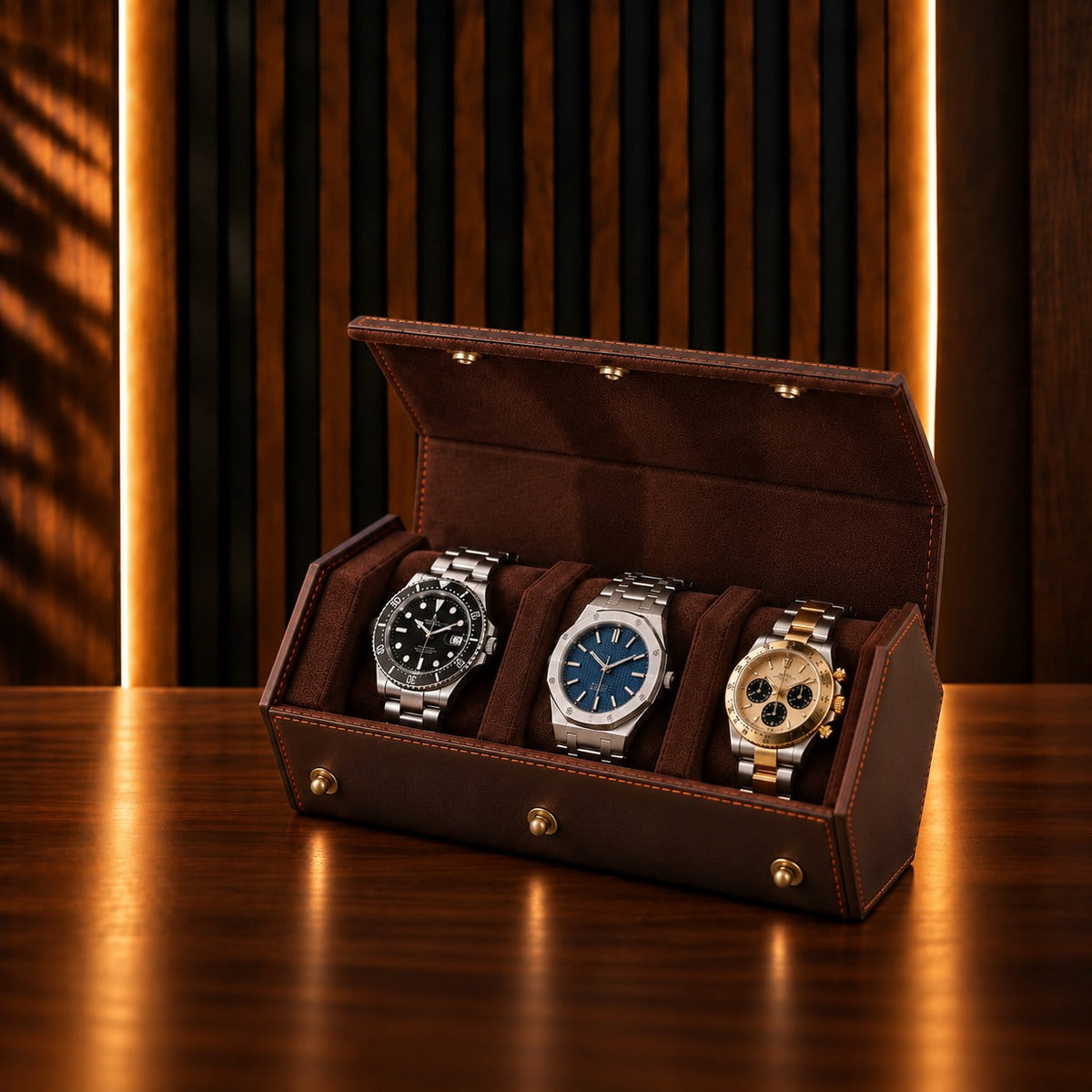 Étui de voyage 3 montres en cuir café, ouvert, montres sur coussins suédine – Complications Paris