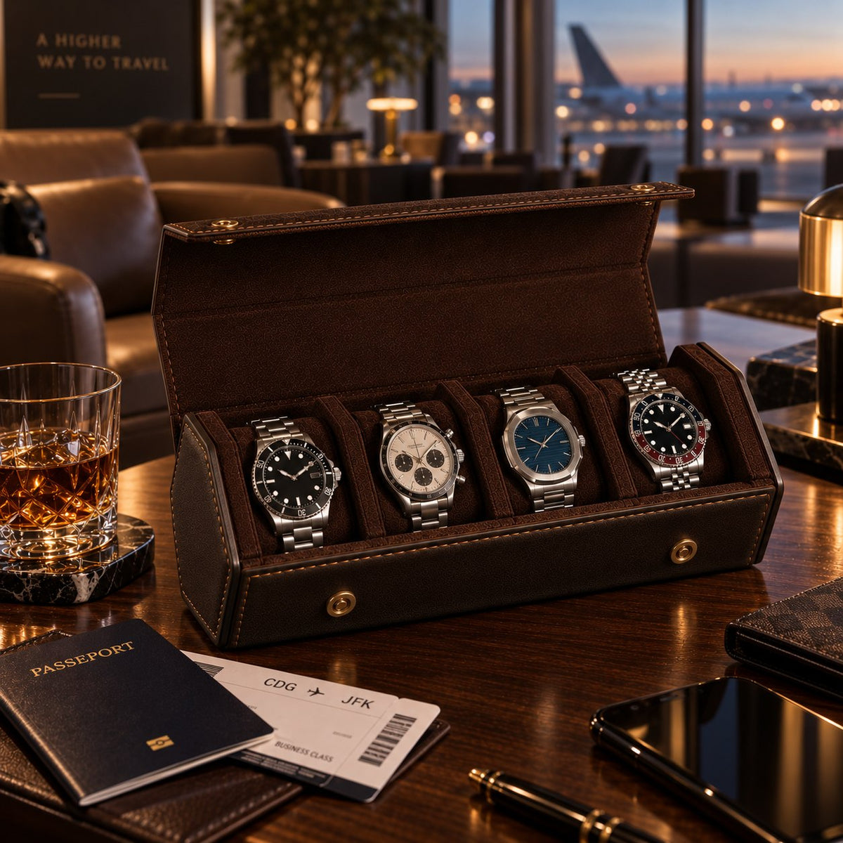 Étui de voyage 4 montres en cuir ouvert dans un salon d'aéroport, passeport et carte d'embarquement – Complications Paris