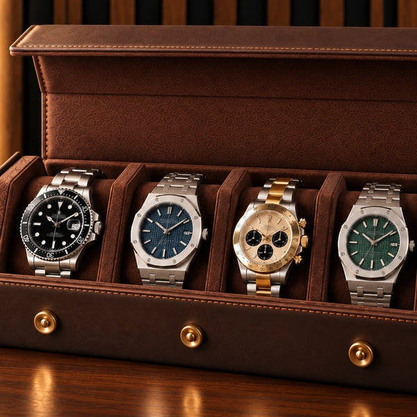 Étui de voyage 4 montres, gros plan sur le cuir, les surpiqûres et les coussins suédine – Complications Paris