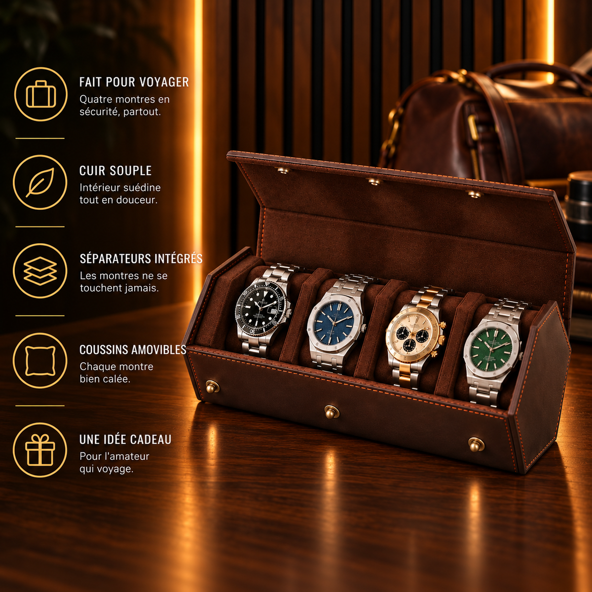 Étui de voyage 4 montres en cuir – caractéristiques : intérieur suédine, séparateurs intégrés, coussins amovibles – Complications Paris