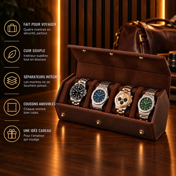 Étui de voyage 4 montres en cuir – caractéristiques : intérieur suédine, séparateurs intégrés, coussins amovibles – Complications Paris