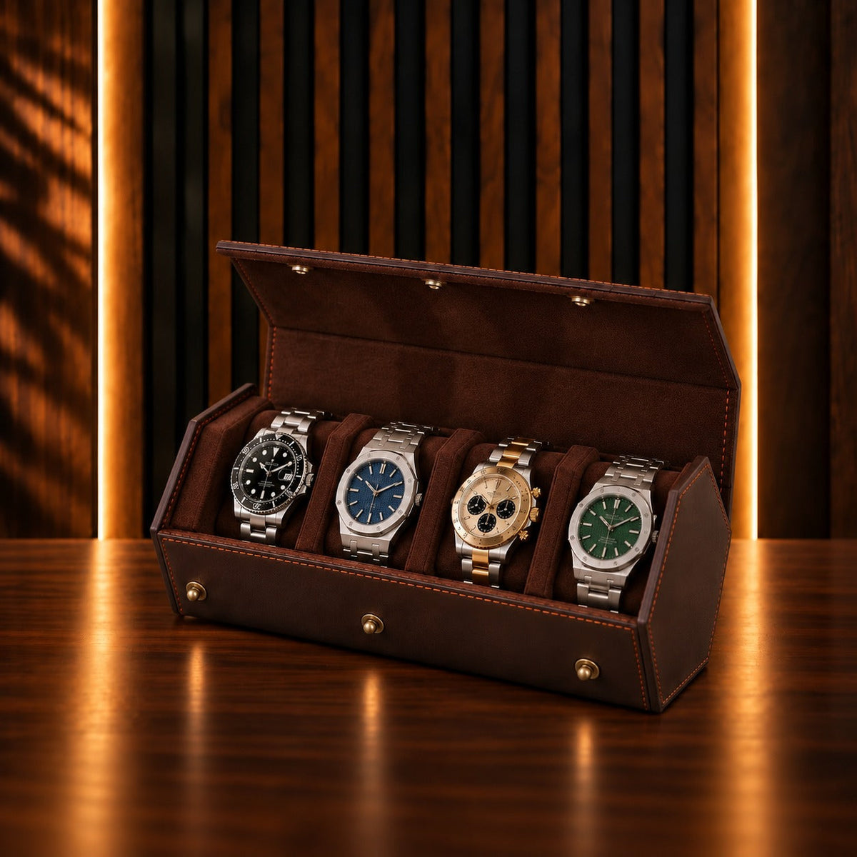 Étui de voyage 4 montres en cuir café, ouvert, montres sur coussins suédine – Complications Paris