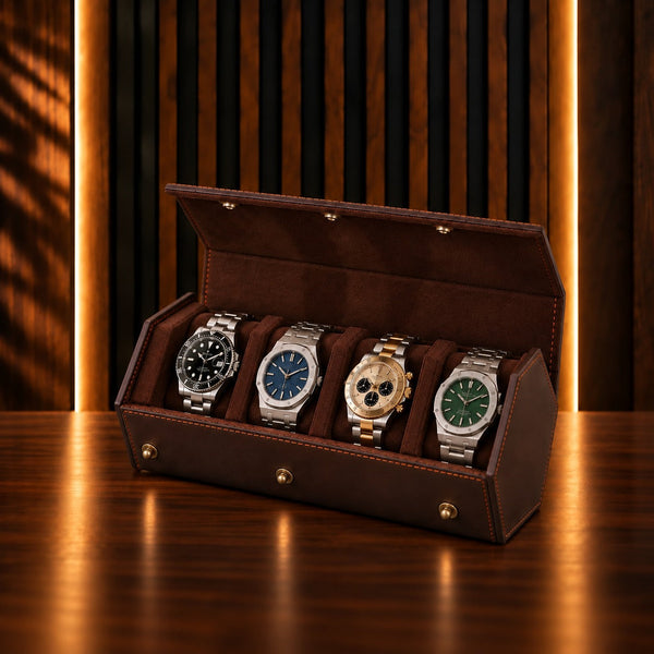 Étui de voyage 4 montres en cuir café, ouvert, montres sur coussins suédine – Complications Paris