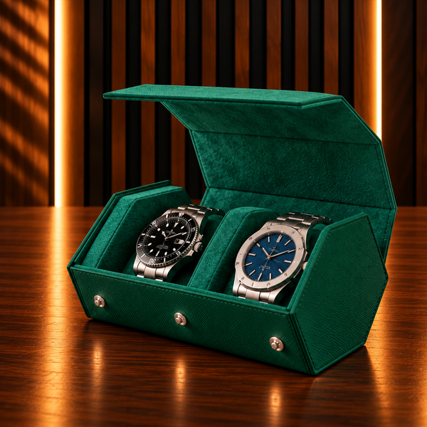 Étui rouleau hexagonal 2 montres vert – vue 1 – Complications Paris