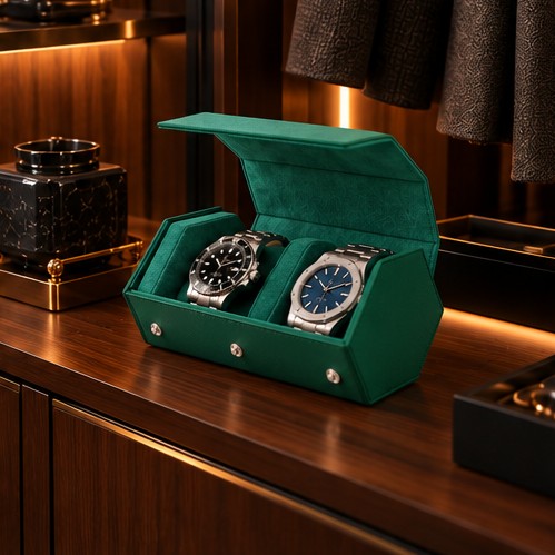 Étui Rouleau Hexagonal 2 Montres, Vert, mise en situation dans un dressing
