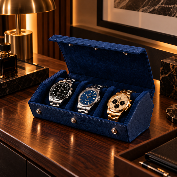 Étui rouleau hexagonal 3 montres bleu – vue 2 – Complications Paris