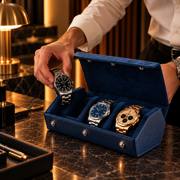 Étui rouleau hexagonal 3 montres bleu – vue 3 – Complications Paris
