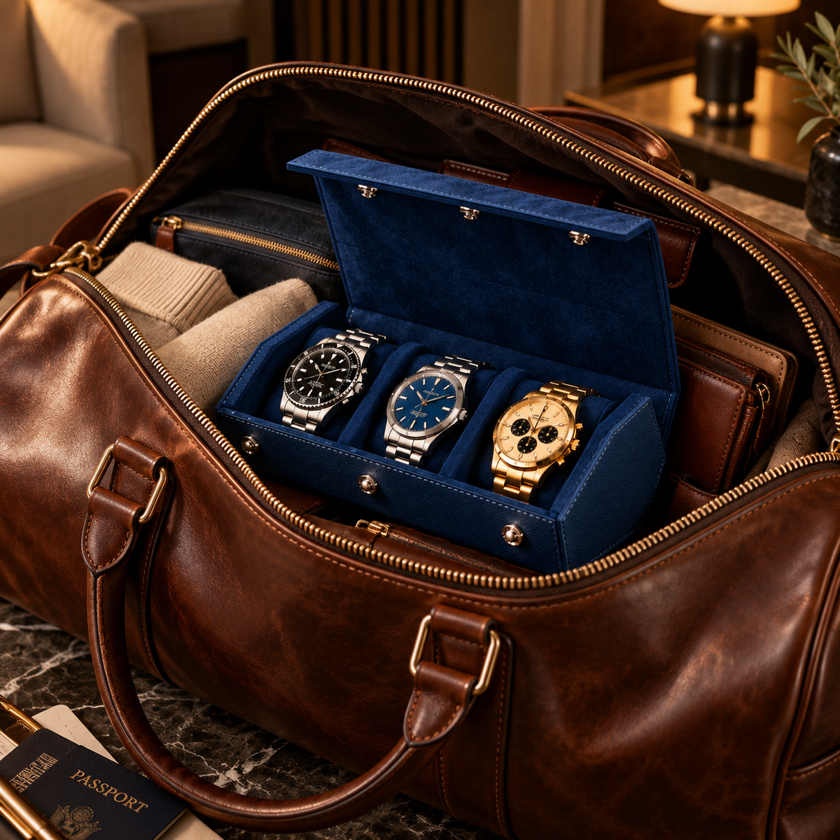 Étui rouleau hexagonal 3 montres bleu – vue 4 – Complications Paris