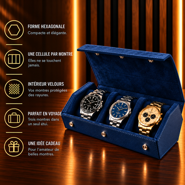 Étui rouleau hexagonal 3 montres bleu – caractéristiques : une cellule par montre, intérieur velours – Complications Paris
