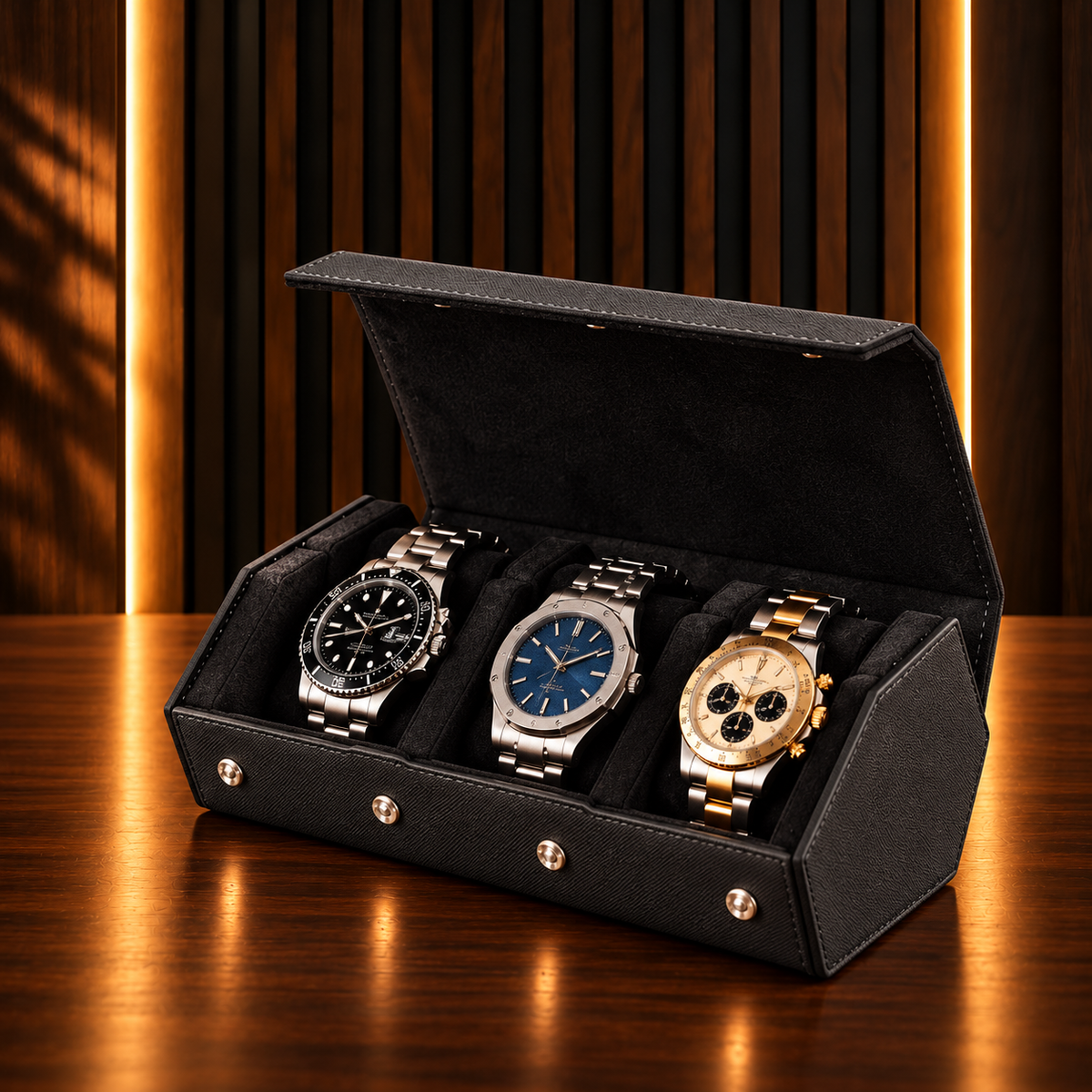 Étui rouleau hexagonal 3 montres noir – vue 1 – Complications Paris