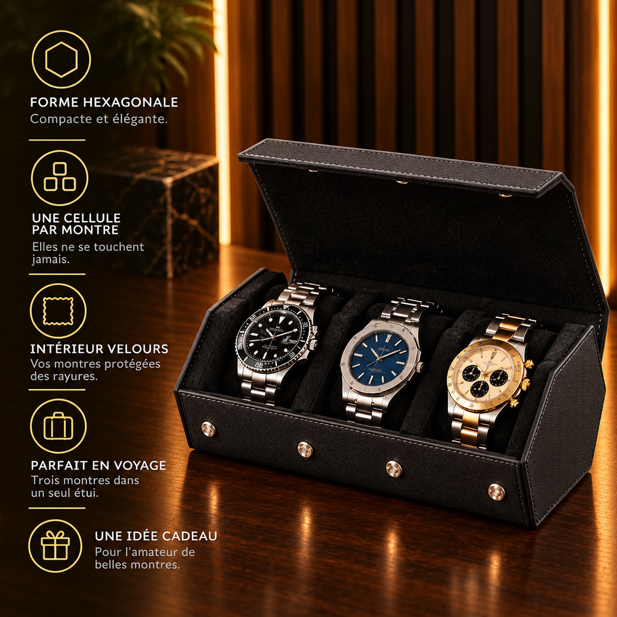 Étui rouleau hexagonal 3 montres noir – caractéristiques : une cellule par montre, intérieur velours – Complications Paris