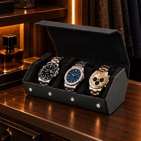 Étui Rouleau Hexagonal 3 Montres, Noir, mise en situation dans un dressing