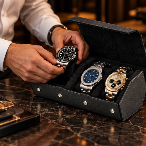 Étui Rouleau Hexagonal 3 Montres, Noir, mise en situation avec une main