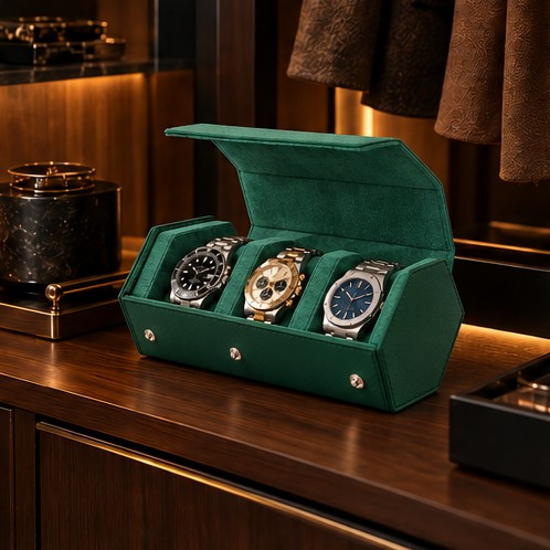 Étui Rouleau Hexagonal 3 Montres, Vert, mise en situation dans un dressing