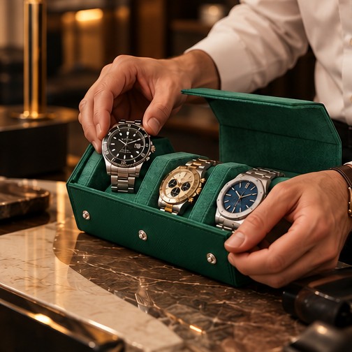 Étui Rouleau Hexagonal 3 Montres, Vert, mise en situation avec une main