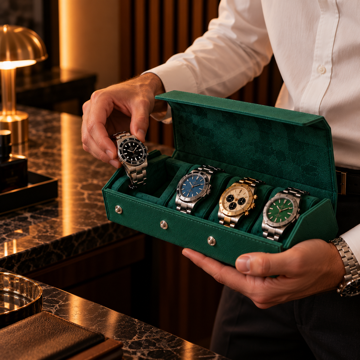 Étui rouleau hexagonal 4 montres vert – vue 3 – Complications Paris