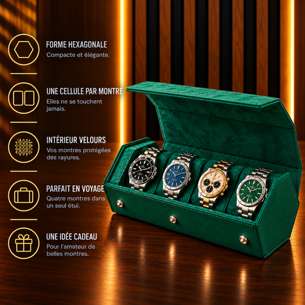 Étui rouleau hexagonal 4 montres vert – caractéristiques : une cellule par montre, intérieur velours – Complications Paris