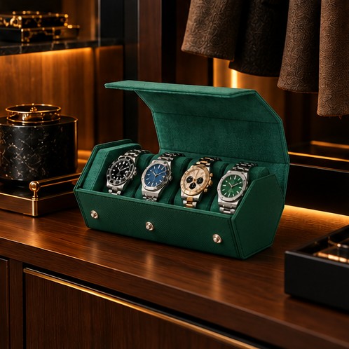 Étui Rouleau Hexagonal 4 Montres, Vert, mise en situation dans un dressing