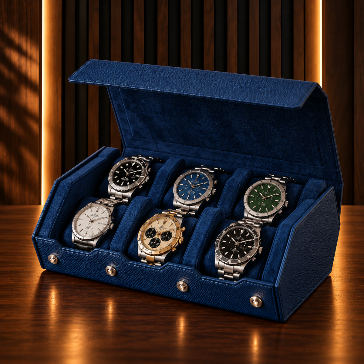 Étui rouleau hexagonal 6 montres bleu – vue 1 – Complications Paris
