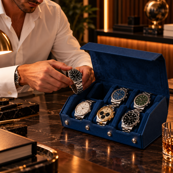 Étui rouleau hexagonal 6 montres bleu – vue 3 – Complications Paris