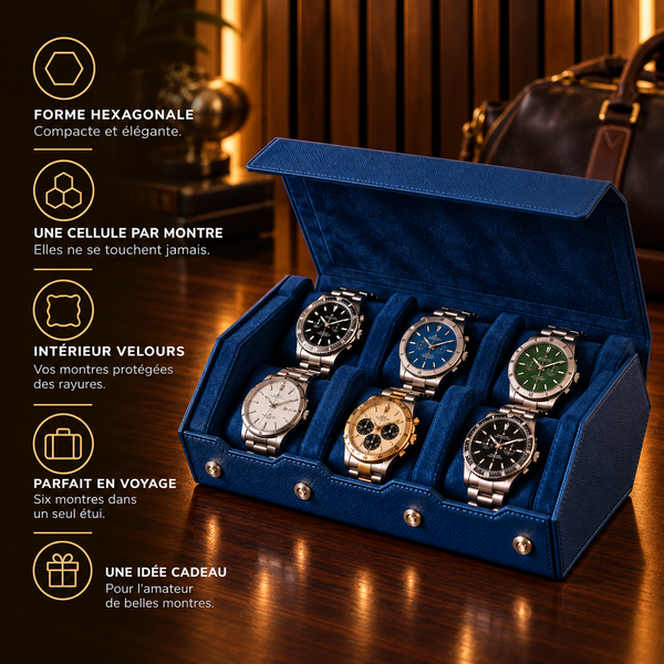Étui rouleau hexagonal 6 montres bleu – caractéristiques : une cellule par montre, intérieur velours – Complications Paris