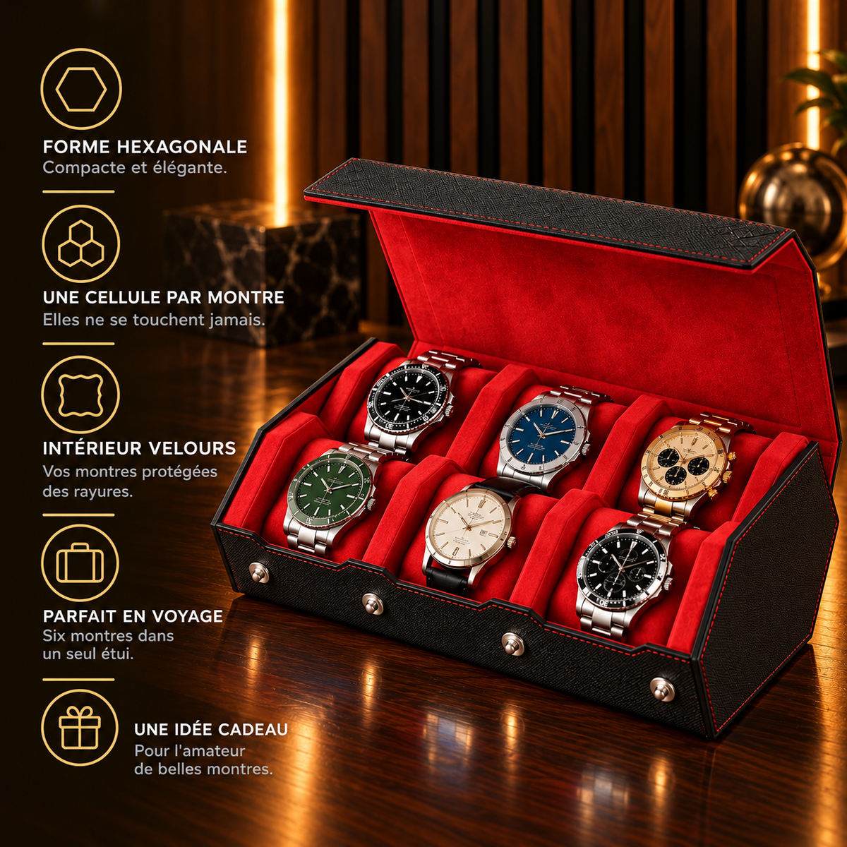 Étui rouleau hexagonal 6 montres noir et rouge – caractéristiques : une cellule par montre, intérieur velours – Complications Paris