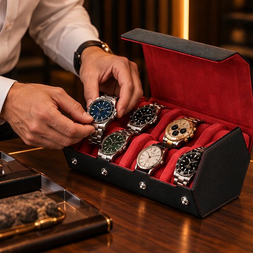 Étui Rouleau Hexagonal 6 Montres, Noir et rouge, mise en situation avec une main