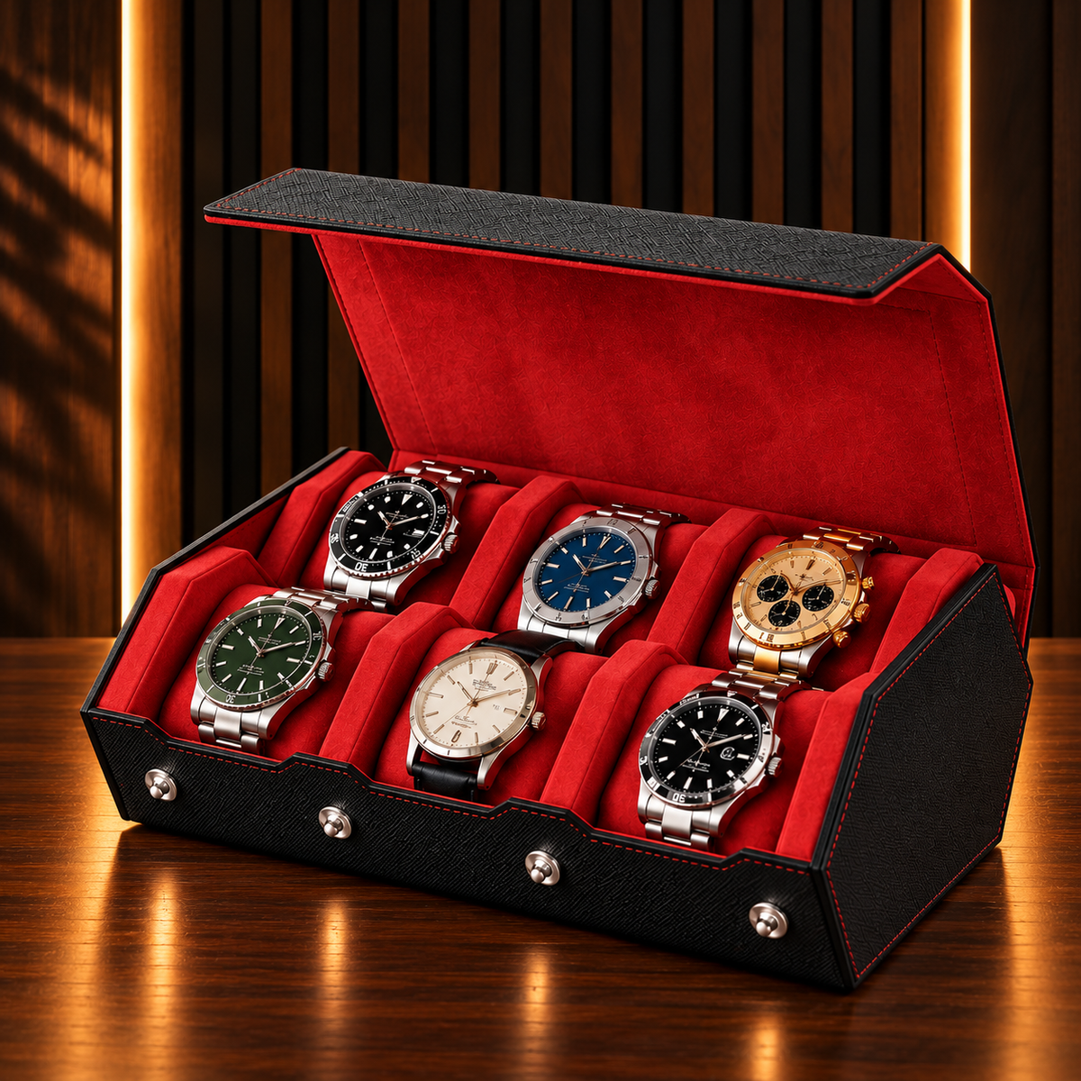 Étui rouleau hexagonal 6 montres noir et rouge – vue 1 – Complications Paris