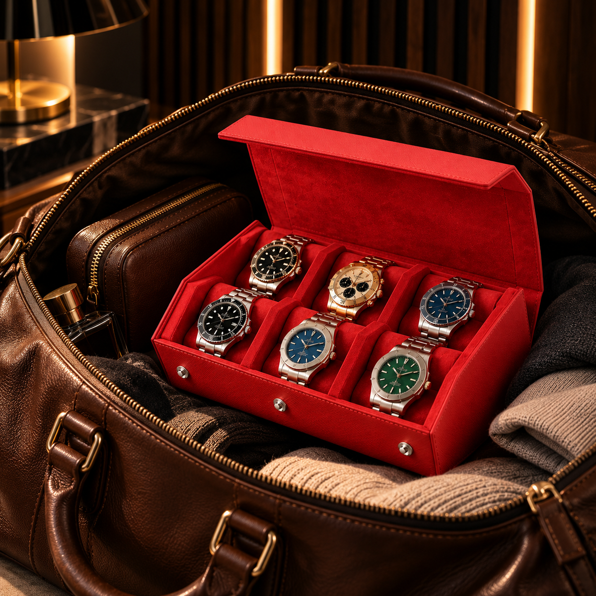 Étui rouleau hexagonal 6 montres rouge – vue 3 – Complications Paris