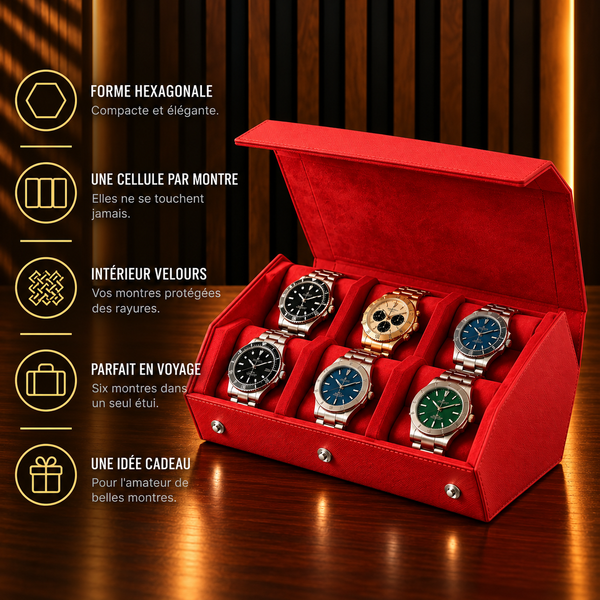 Étui rouleau hexagonal 6 montres rouge – caractéristiques : une cellule par montre, intérieur velours – Complications Paris