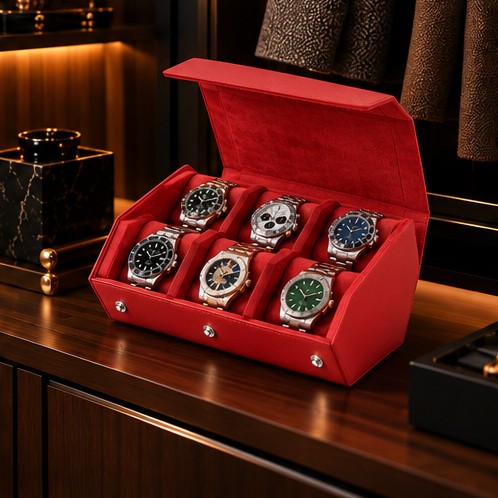 Étui Rouleau Hexagonal 6 Montres, Rouge, mise en situation dans un dressing