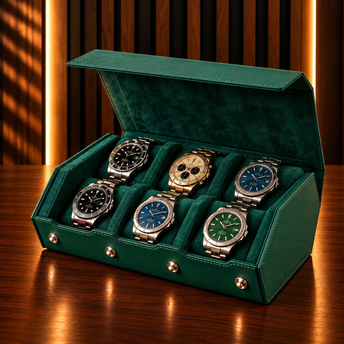 Étui rouleau hexagonal 6 montres vert – vue 1 – Complications Paris