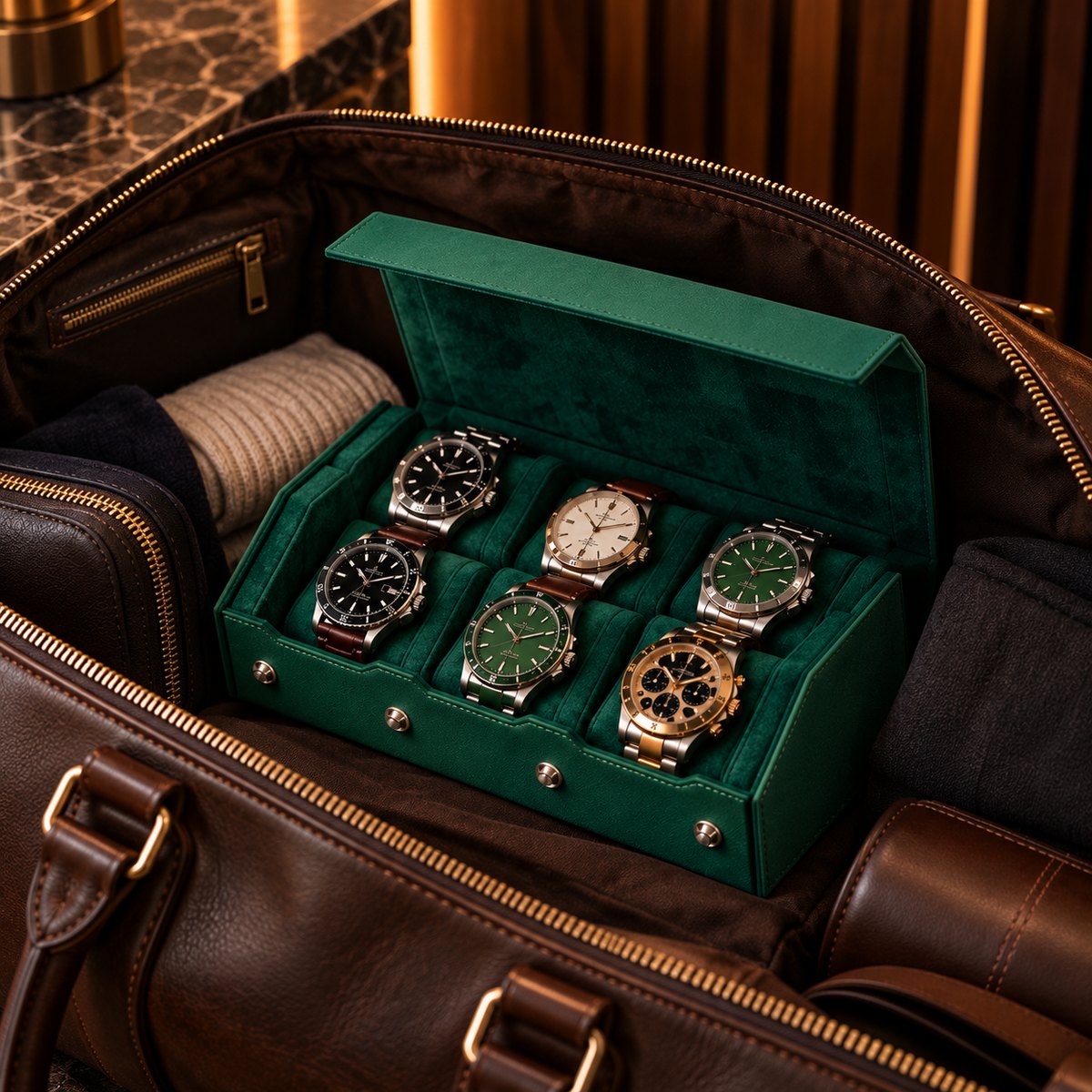 Étui rouleau hexagonal 6 montres vert – vue 4 – Complications Paris