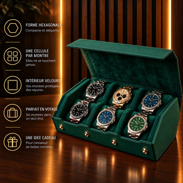 Étui rouleau hexagonal 6 montres vert – caractéristiques : une cellule par montre, intérieur velours – Complications Paris