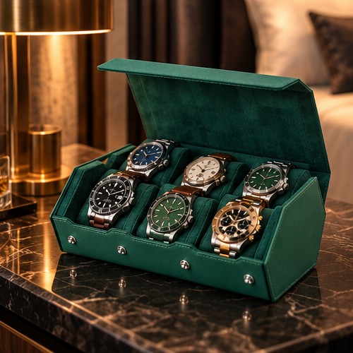 Étui Rouleau Hexagonal 6 Montres, Vert, mise en situation fermé