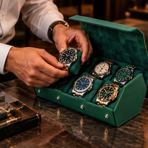Étui Rouleau Hexagonal 6 Montres, Vert, mise en situation avec une main