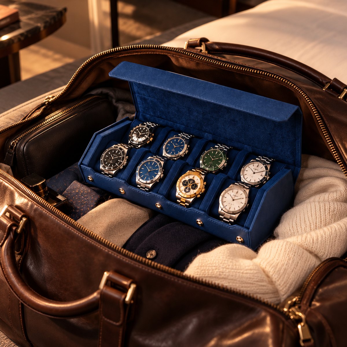 Étui rouleau hexagonal 8 montres bleu – vue 4 – Complications Paris