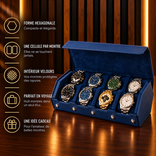 Étui rouleau hexagonal 8 montres bleu – caractéristiques : une cellule par montre, intérieur velours – Complications Paris