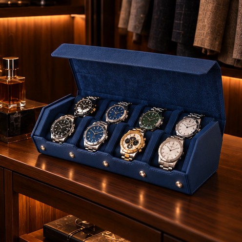 Étui Rouleau Hexagonal 8 Montres, Bleu, mise en situation dans un dressing