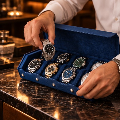 Étui Rouleau Hexagonal 8 Montres, Bleu, mise en situation avec une main