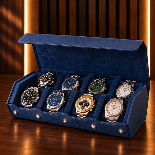 Étui Rouleau Hexagonal 8 Montres, Bleu, ouvert
