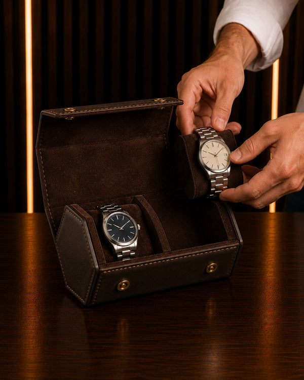 Main déposant une montre automatique sur le coussin d'un étui de voyage 2 montres – Complications Paris