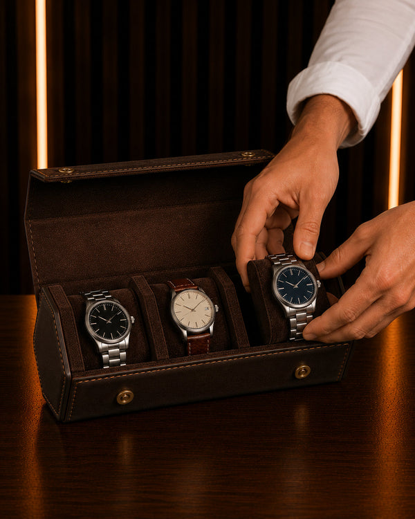 Main déposant une montre automatique sur le coussin d'un étui de voyage 3 montres – Complications Paris